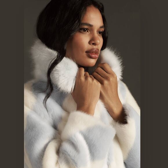 ANTHROPOLOGIE Stripe Faux Fur Coat Jacket Whimsical Gorpcore Glam Blue Ivory - Picture 3 of 15